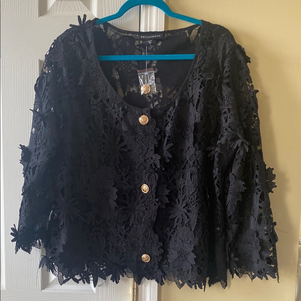 Boston Proper Black Boxy Embellished Blouse NWOT